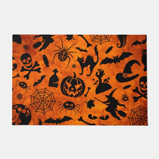 Very Spooky Halloween Witch, Black Cat, Pumpkin  Doormat (Front)