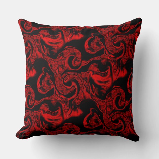 Very stained red spiral parts on black background cushion (Front)