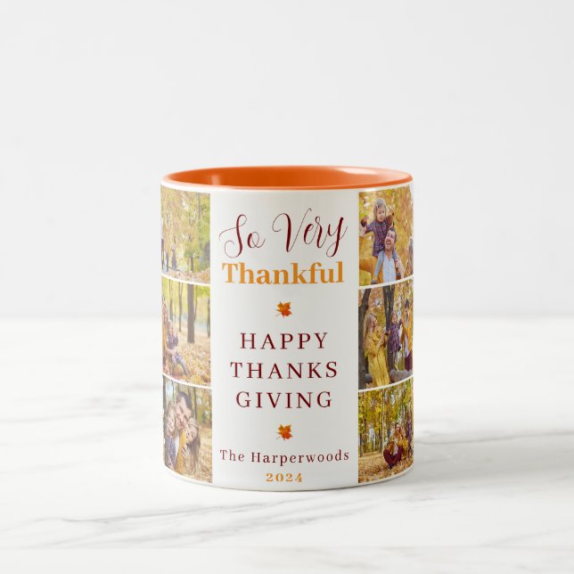 Very Thankful | Fall thanksgiving family photo Two-Tone Coffee Mug (Center)