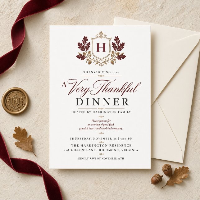 Very Thankful Monogram Thanksgiving Dinner Invitation (Creator Uploaded)