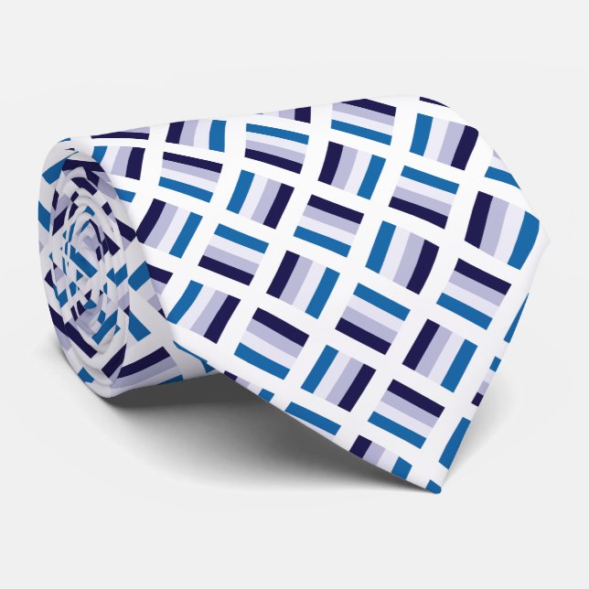 Very Unique Square Pattern - Blue Navy Blue White Tie (Rolled)