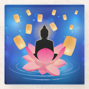 Vesak Day Buddha on Lotus Lantern Vaisakha Glass Coaster