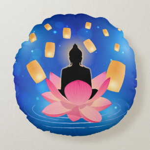 Vesak Day Buddha on Lotus Lantern Vaisakha Round Cushion