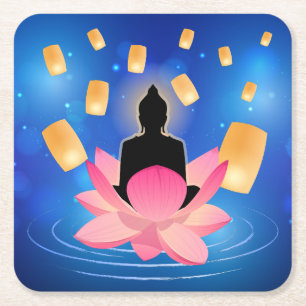 Vesak Day Buddha on Lotus Lantern Vaisakha Square Paper Coaster