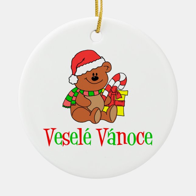 Vesele Vanoce Czech Christmas Bear Ceramic Ornament (Front)