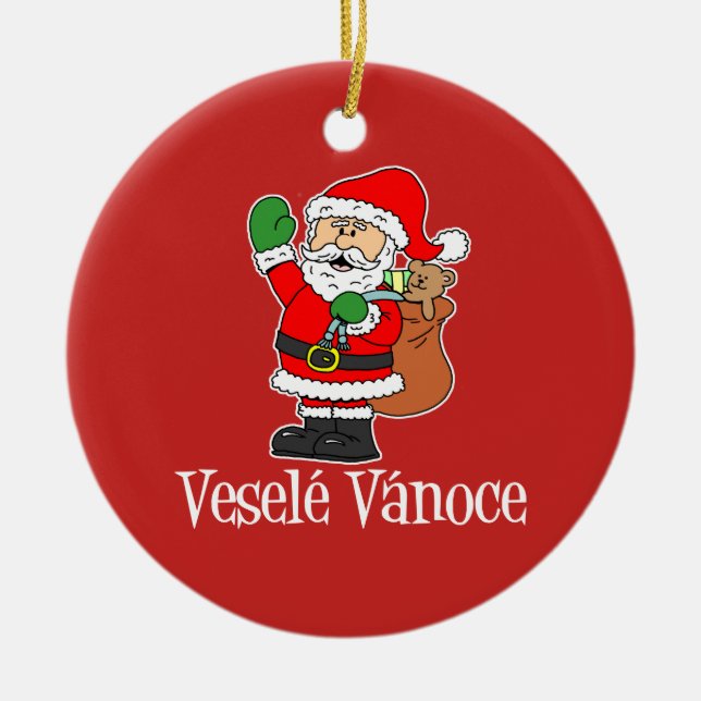 Vesele Vanoce Czech Christmas Santa (RED) Ceramic Ornament (Front)