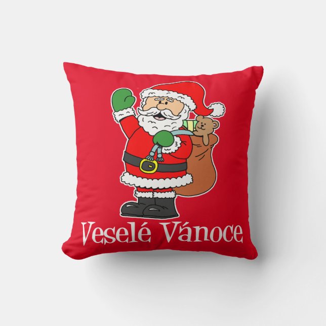 Vesele Vanoce Czech Christmas Santa (RED) Cushion (Front)