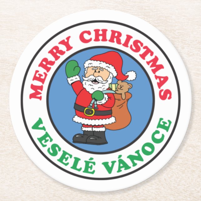 Vesele Vanoce Czech Christmas Santa Round Paper Coaster (Front)