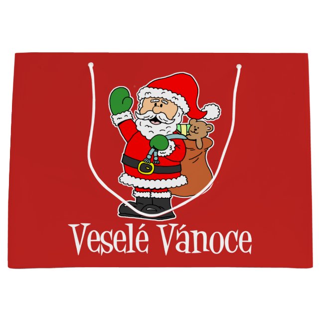 Vesele Vanoce Czech Santa Holiday Red Large Gift Bag (Front)