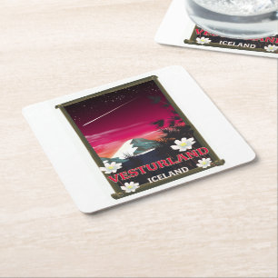 vesturland Iceland travel poster Square Paper Coaster