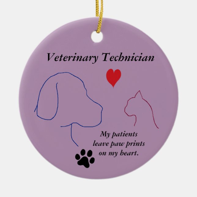 Vet Technician - Paw Prints on My Heart #2 Purple  Ceramic Ornament (Front)