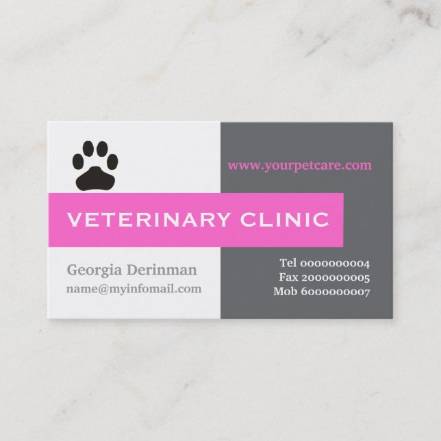 Vet/Veterinary Clinic, paw hot pink eye-catching Business Card (Front)