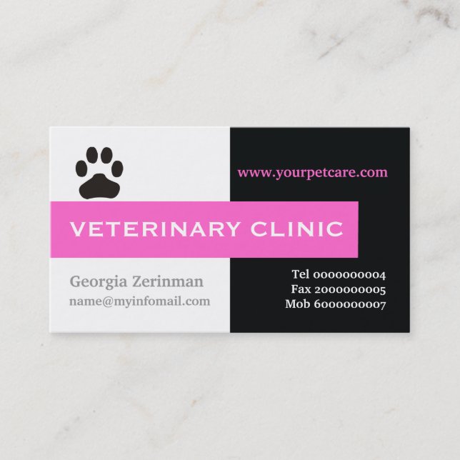 Vet/Veterinary Clinic, paw hot pink eye-catching Business Card (Front)