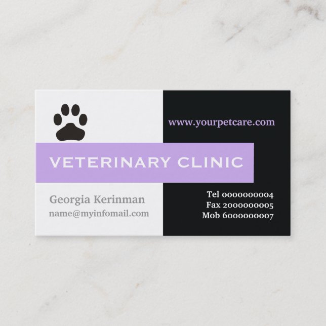 Vet/Veterinary Clinic, paw lavender eye-catching Business Card (Front)