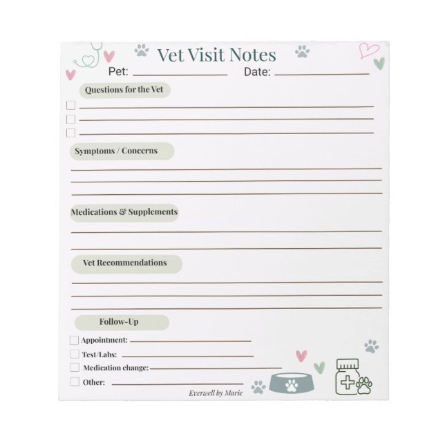 Vet Visit Notes Pet Care Notepad (Front)
