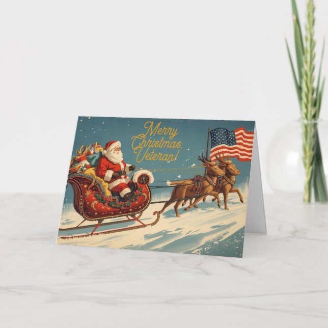 Veteran Christmas Vintage Santa Patriotic  Holiday Card (Front)