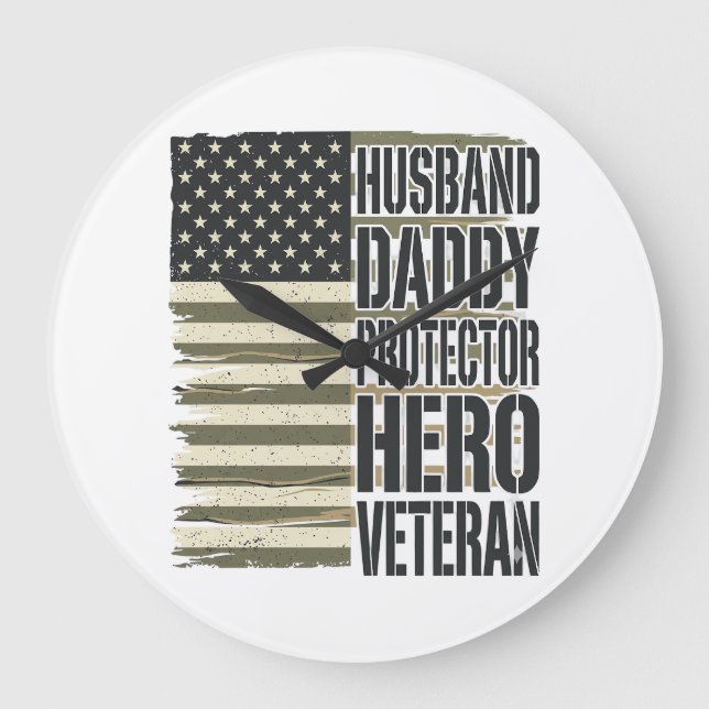 Veteran Husband Daddy Protector Hero Flag Shirt De Large Clock (Front)