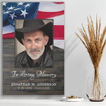 Veteran Memorial Military Photo USA American Flag Faux Canvas Print<br><div class="desc">USA American Flag Memorial Plaque. This military memorial canvas features a United States of America Flag on a dark wood background. "In Loving Memory" Personalise this military plaque with your loved ones photo, name & dates, and sentiment. This American Flag photo plaque is a treasured keepsake, military funeral tabletop sign,...</div>