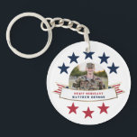 Veteran Service Photo Red White Blue Keychain<br><div class="desc">Honour your serviceman with this patriotic red white and blue two inch round acrylic double-sided key chain featuring a single centred circle photograph, a stars and stripes banner with a faux foil border and placeholders for your special service person's name and rank. Great gifts for parents and grandparents! Available in...</div>