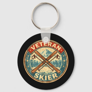 Veteran skier vintage skis old man skiing grandpa key ring