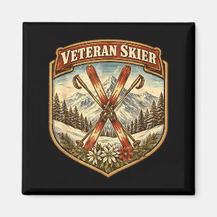Veteran skier vintage skis old woman skiing magnet