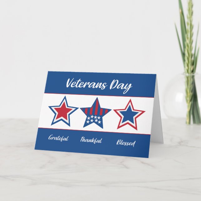 Veterans Day Grateful and Blessed Patriotic Stars Card (Front)