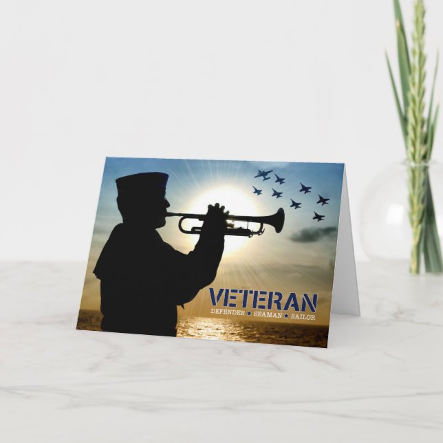 Veterans Day Navy Sailor Veteran Bugler and Jets Holiday Card (Front)
