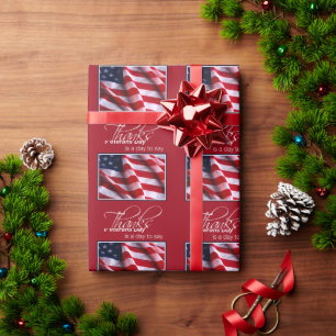 Veterans Day Patriotic American Flag Thanks in Red Wrapping Paper