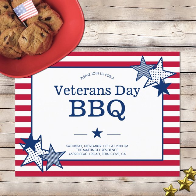 Veterans Day Stars Stripes Modern Patriotic BBQ Invitation Postcard (Creator Uploaded)