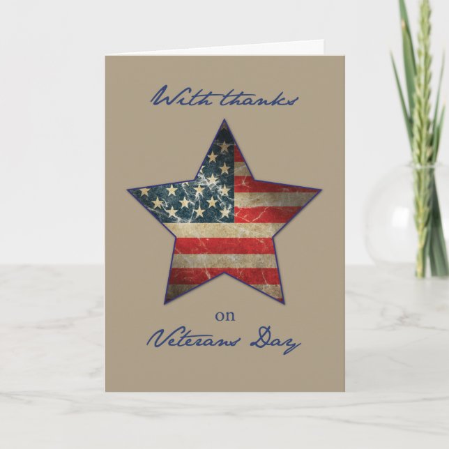 Veterans Day Thanks, Old Flag Star Thank You Card (Front)
