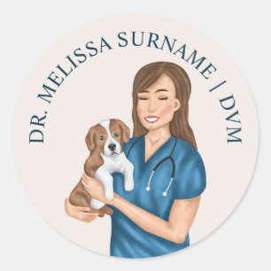 Veterinarian Animal Doctor Vet Woman With A Puppy Classic Round Sticker