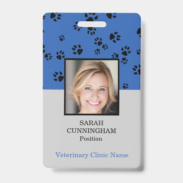 Veterinarian Clinic Paw Print Blue Photo ID Badge (Front)