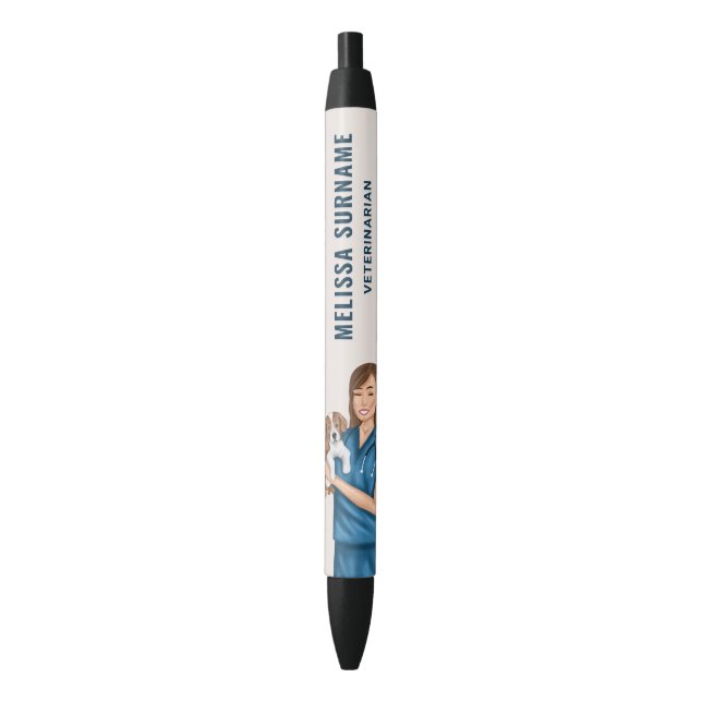 Veterinarian Doctor Vet Holding Puppy Custom Name Black Ink Pen (Front Vertical)