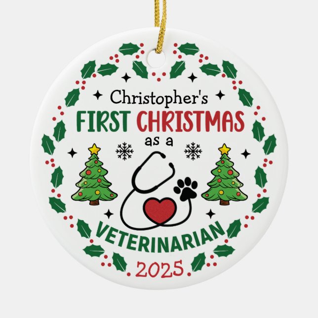 Veterinarian First Christmas Personalised Round Ceramic Ornament (Front)