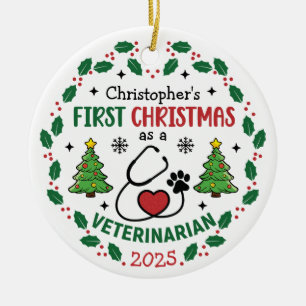 Veterinarian First Christmas Personalized Round Ceramic Ornament