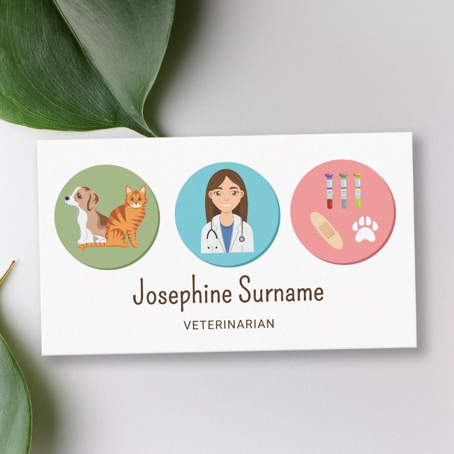 Veterinarian Girl And Pets With Vet Stuff Colourfu Business Card (Front)