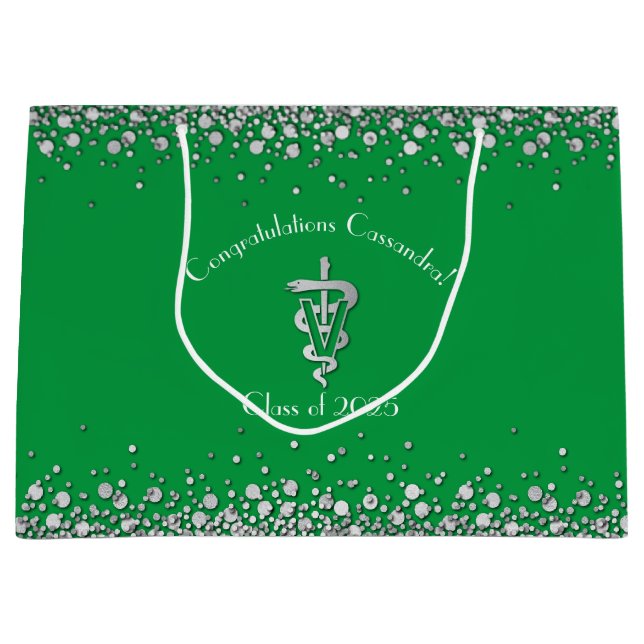 Veterinarian Graduation Green Silver Large Gift Bag (Front)