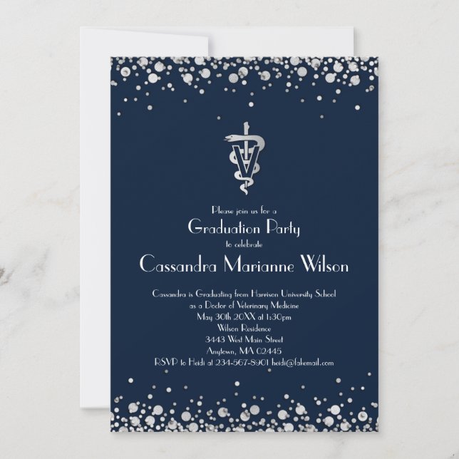 Veterinarian Graduation Navy Blue Silver Invitation (Front)