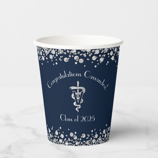 Veterinarian Graduation Navy Blue Silver Paper Cups (Front)
