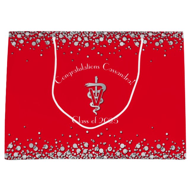 Veterinarian Graduation Red Silver Large Gift Bag (Front)