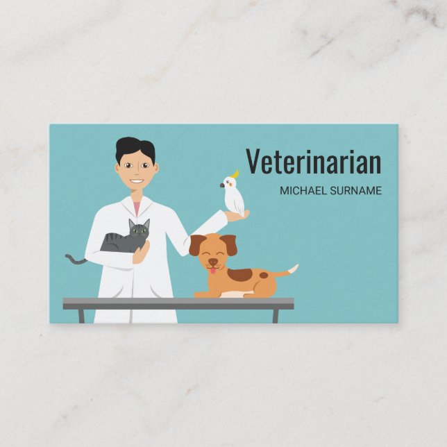 Veterinarian Man On Blue With Animals Illustration Business Card (Front)