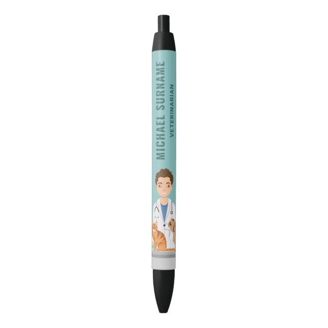 Veterinarian Man Vet Clinic Pet Doctor Custom Name Black Ink Pen (Front Vertical)