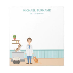 Veterinarian Man Vet Clinic With Pet Cat And Dog Notepad