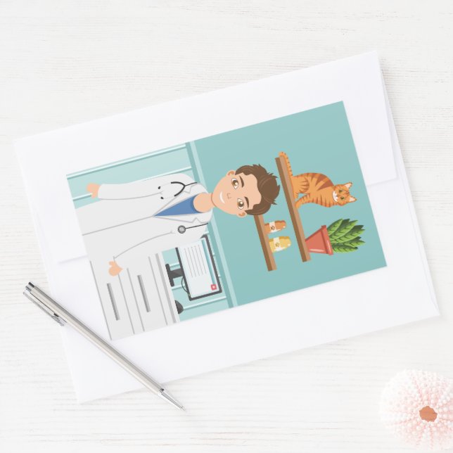 Veterinarian Man Vet Guy Wearing Lab Coat With Cat Rectangular Sticker (Envelope)