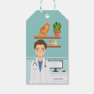 Veterinarian Man Vet Guy With Orange Cat Blue Gift Tags