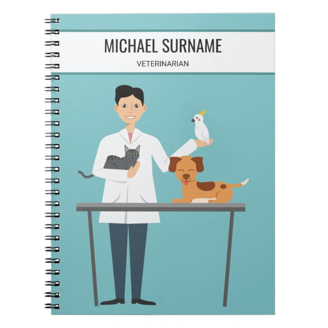 Veterinarian Man With Animals & Custom Text Notebook (Front)