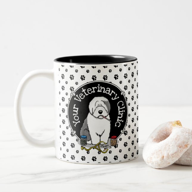 Veterinarian Old English Sheepdog Grey 1 Cute Vet Two-Tone Coffee Mug (With Donut)