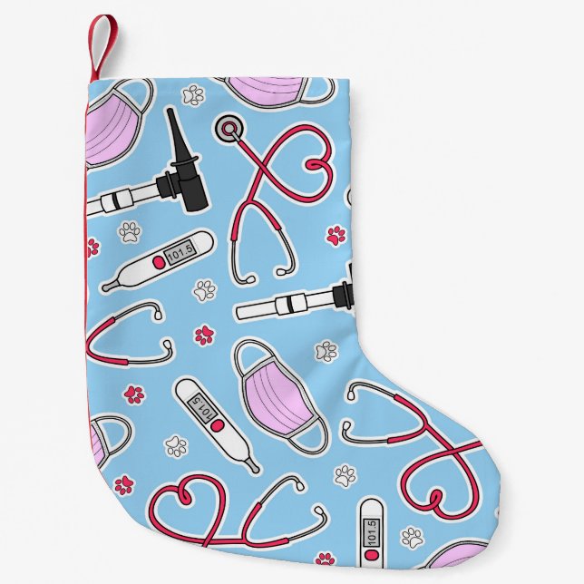 Veterinarian / Veterinary Technician Pattern Blue Small Christmas Stocking (Front)