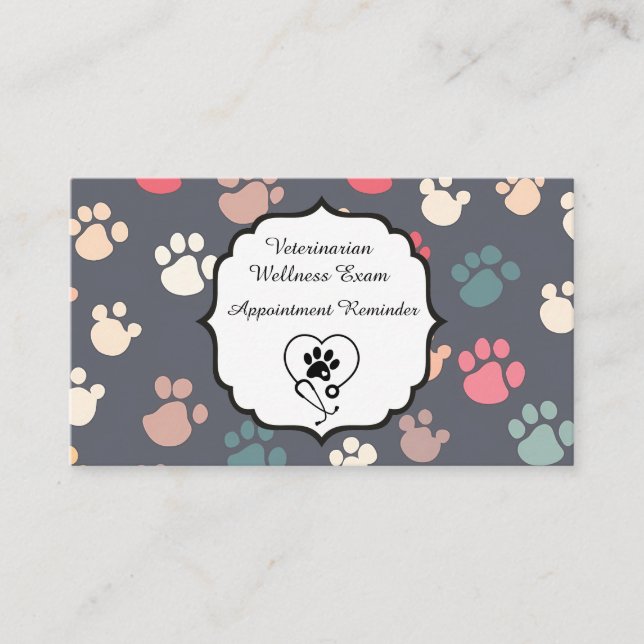 Veterinarian Wellness Exam Colourful Paw Prints Appointment Card (Front)