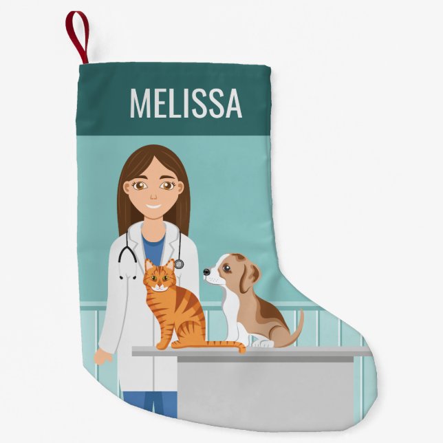 Veterinarian Woman Vet Animal Doctor Custom Name Small Christmas Stocking (Front)